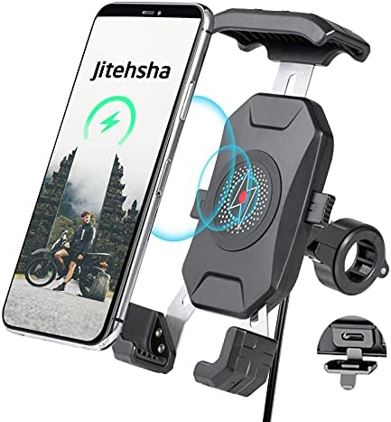 Jitehsha Motorcycle Wireless Phone Mount Charger 15W & Handlebar/ Rear-View Mirror USB C 5V 3A Cellphone Holder Quick Charge Waterproof Switch 360 Rotation for 4.0-7.0 Inch Phones