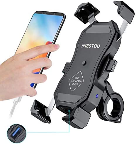 (USB Type)-iMESTOU Motorcycle USB Phone Mount Charger Handlebar & Rear-View Mirror Quick Charge Cellphone Holder Universal for 3.5"-6.8" Smartphones Works with 12V/24V Motorcycles