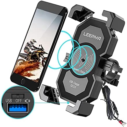 Upgraded Leepiya Motorcycle Phone Mount with Wireless and USB Charger 15W Qi Fast Charging Cell Phone Holder for Motorcycle ATV Boat Snowmobile Compatible with iPhone 12 11 Xs MAX XR X 8 8P Samsung