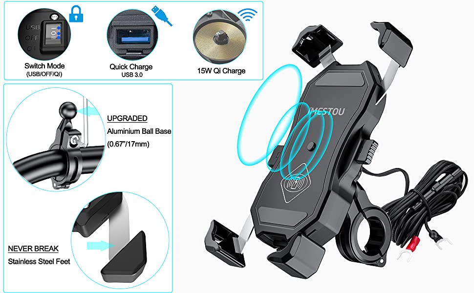 iMESTOU Motorcycle Phone Holder Wireless USB 2 IN 1 Charge Mount