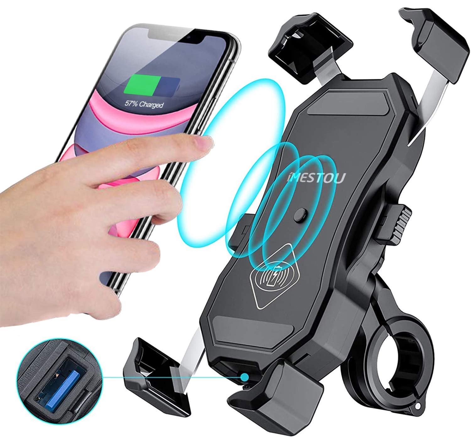 iMESTOU Waterproof Motorcycle Wireless 15W Qi/ USB Quick Charger 3.0 Phone Holder 2 in 1 Mount on 22-32mm Handlebar or Rear-View Mirror Fast Charging for 3.5-6.8 inch Cellphones