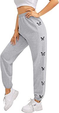 SOLY HUX Women's Butterfly Print Elastic High Waisted Sweatpants Joggers Pants