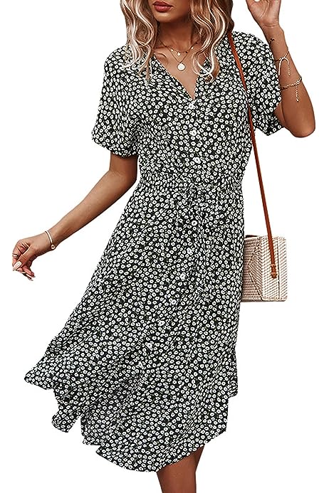 Women Dresses Casual Short Sleeves Floral Print Button Down V Neck Summer Boho Midi Dress