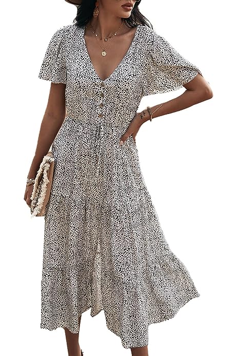 Women's Allover Print Split Ruffle Hem V Neck High Waist Butterfly Sleeve Midi Dress