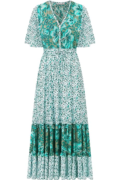 Women's Short Sleeve V Neck Cotton Beach Floral Buttons Midi Dresses