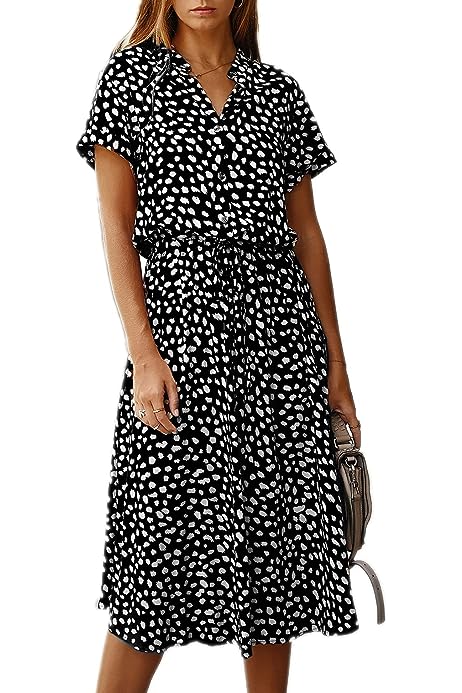 Women Summer Dresses Lapel Short Sleeve Button Down Tie Waist A-Line Dot Printed Midi Dress