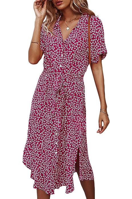 Women Floral Button Up Split Dresses V Neck Lapel Short Sleeve Casual Front Tie Summer Loose Midi Dress