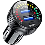 BARCOVAN Car Charger, Dual QC3.0 Port USB Car Charger Adapter, 36W 3A Fast Charge Car Phone Charger with Colorful Voltmeter &amp; ON/Off Switch