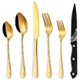 PHILIPALA 24-piece Gold Silverware Set with Steak Knives for 4, Stainless Steel Flatware Cutlery Set, Knives and Forks and Spoons Sets,Unique Pattern Design,Mirror Polish and Dishwasher Safe