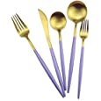 Gugrida Purple Gold Flatware, Royal 20 Piece Matte Purple Handle 18/10 Stainless Steel Tableware Sets for 4 Including Forks Spoons Knives, Camping Silverware Travel Utensils Set Cutlery (Purple Gold)