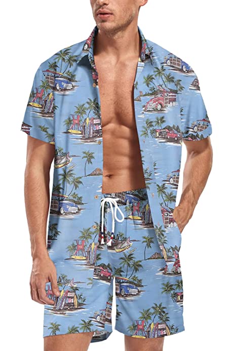 Men's Hawaiian Shirt Suits Button Down Tropical Holiday Beach Outfits Floral 2 Piece Shirt and Shorts Set