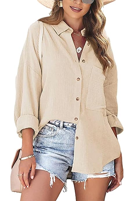 Women's Casual Loose Cotton Linen Blouse Button Up Long Sleeve Shirt Tops
