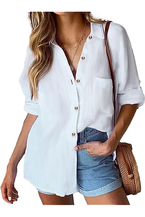 Womens Cotton Button Down Shirt Casual Long Sleeve Loose Fit Collared Linen Work Blouse Tops with Pocket