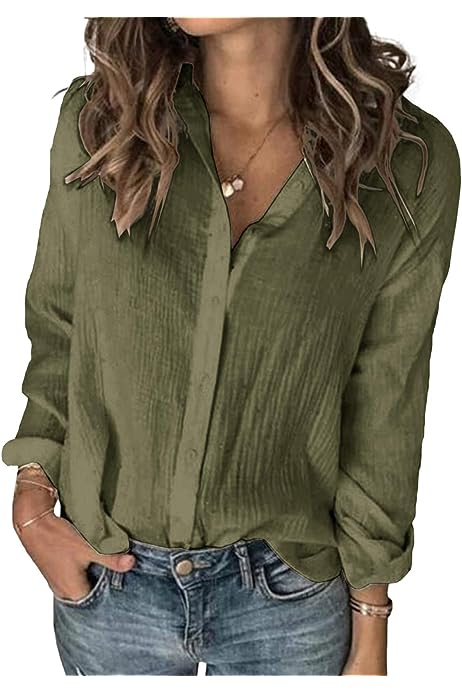 Womens Long Sleeve Button Down Cotton Linen Shirt Blouse Loose Fit Casual V-Neck Tops