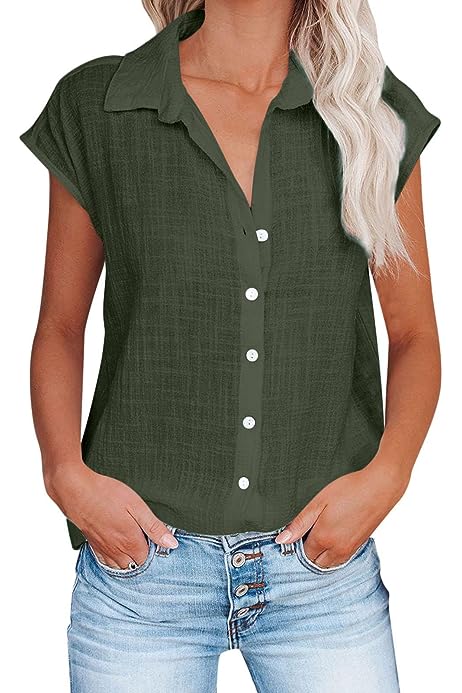 Shirts for Women Trendy Summer Cotton Linen Short Sleeve Tops Collared Button Down Causal Blouse Laides Clothing 2023