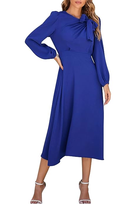 Women's Fall Clothes Solid Color Round Neck A-Line Long Sleeve Midi Dress Work Dresses