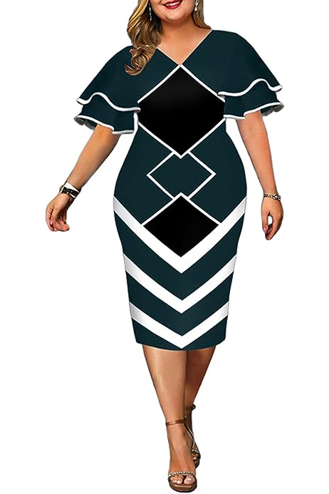Women Bodycon Pencil Midi Dress Patchwork Long Flared Sleeve Print Round Neck Business Graphic Print Dress