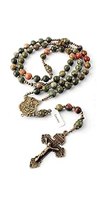 8mm Natural Stone Beads Large Rosary with Caps Miraculous Medal and Pardon Crucifix