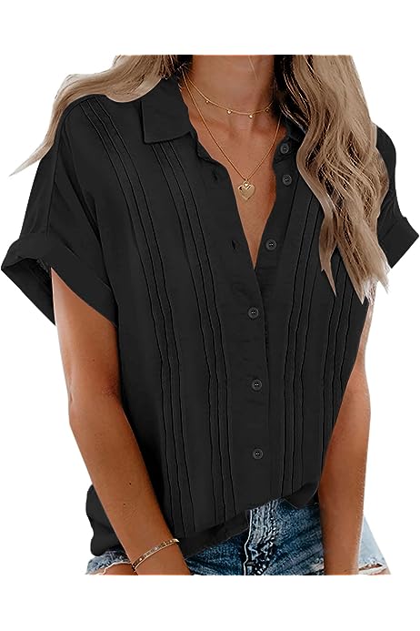 Womens Short Sleeve Cotton Linen Shirts Casual Collared Button Down Shirt V Neck Pleated Tops Casual Blouses