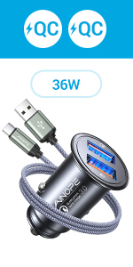 Dual QC3.0 All Metal Phone Charger Car  with 3.3ft USB C Cable