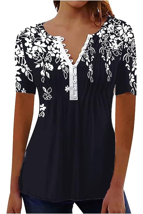 Plus Size Tunic Tops for Women Trendy 2023 Boho Floral Shirts Short Sleeve Notch v Neck t-Shirt Graphic Tees Blouse