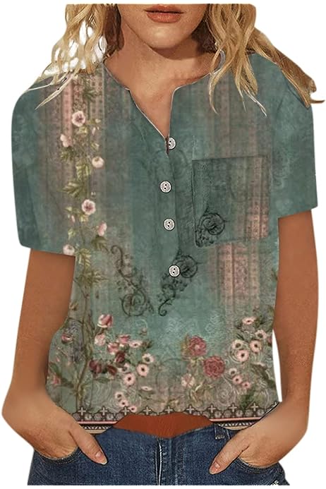 Floal Print Linen Shirts for Women Summer Short Sleeve Button Down t-Shirt Loose Fitted Tops Blouse Dressy Casual