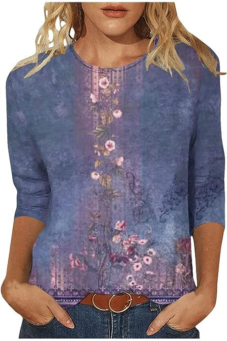 Womens 3/4 Length Sleeve Tops Vintage Fashion Print Boho Summer Spring Shirt Casual Loose Crew Neck Blouse Going Out