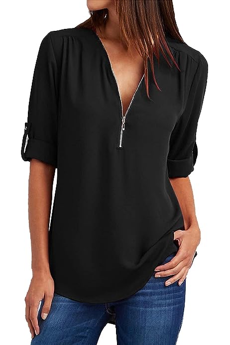 Summer Business Casual Tops for Women Half Sleeve Zipper v Neck Tunic Shirts Solid Work Office t-Shirt Blouse