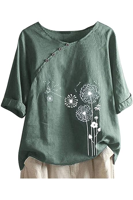 Women's Linen Cotton Tops Shirt Floral Printed Round Neck Trendy Shirts Blouse Retro Comfy Going Out Summer Clothes