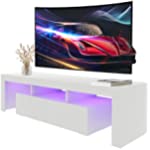 TV Stand for 60/65/70 Inch TVs with Storage Drawer, Modern LED Lights Universal TV Stand Entertainment Center Console for Video Gaming,Media,Movies,Living Room, Bedroom,Wood Table, White