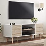 Mid-Century Modern TV Stand for TVs up to 60 inch Flat Screen Wood TV Console Media Cabinet with Storage, Home Entertainment Center in White and Oak for Living Room Bedroom and Office, 55 inch