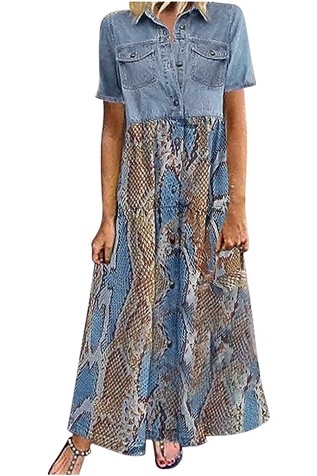 Denim Dress for Women Short Sleeve Floral Print Button Up Jean Shirt Dress Plus Size Tiered Ruffle Loose Dress