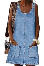 Womens Blue Denim Bib Overall Dress Casual Loose Summer Sleeveless Knee Length Jean Jumper Dresses with Pockets