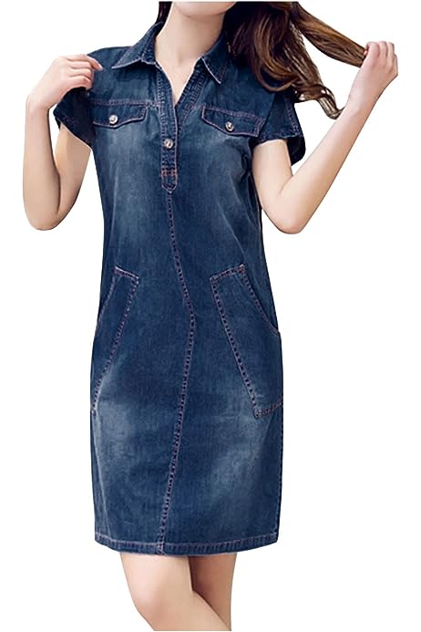 Womens Denim Shirt Dresses Summer Trendy Short Sleeve Jean Dress Button Down Casual Short Tunic Dress with Pockets