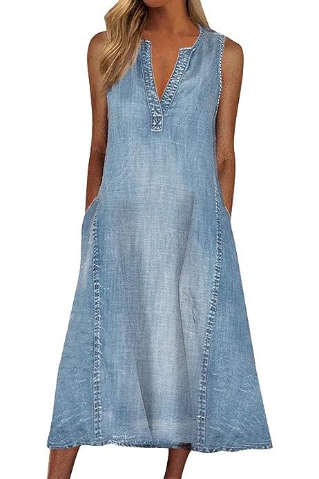 Summer Jean Dresses for Women Denim Short Sleeve Loose Blue Jean Maxi Dress Hand Pocket Button Down Casual Shift Dress