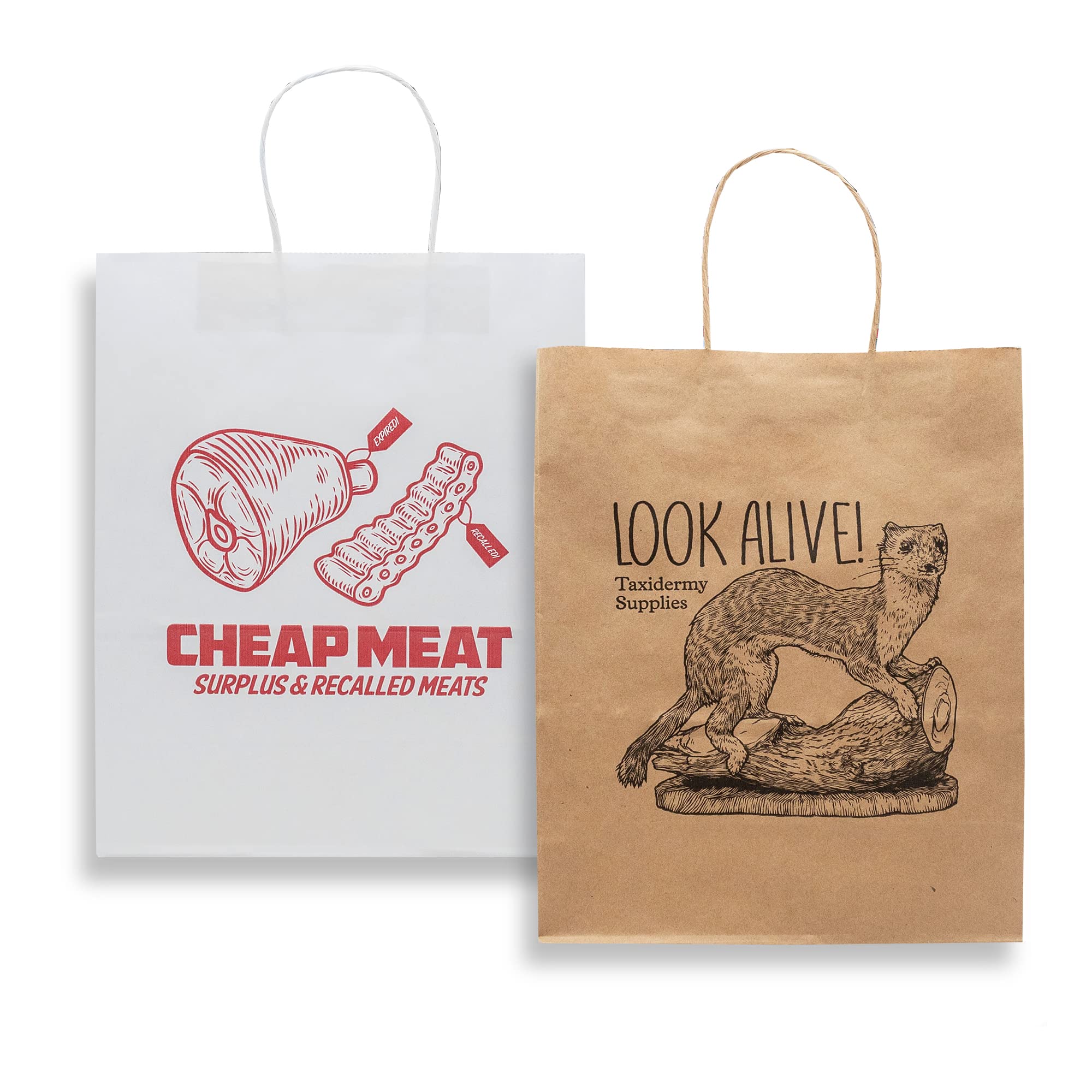 30 Watt Gift Bag (Pack of 2): Taxidermy + Cheap Meat, (1) White & (1) Brown Paper Bag, Gag Gift Wrapping Idea for Birthday, Valentines & Christmas, Authentic Prank Gift Bags for Novelty Gifting