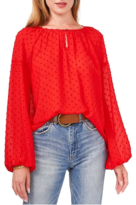 Long Sleeve Keyhole Front Crinkle Clip Dot Blouse