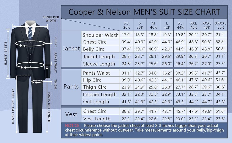 mens suit jacket Size chart