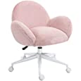 HOMCOM Faux Fur Leisure Chair Accent Chair Office Swivel Chair with Mid-Back Wide Design, Adjustable Seat Height, Steel Base, Wheels, Pink
