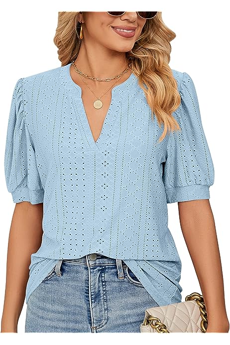 Womens Summer Puff Short Sleeve V Neck T-Shirts Eyelet Casual Lace Dressy Tops Tunic Blouses 2023