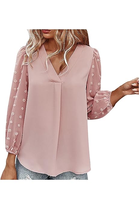 Summer Solid Color Tops Womens Chiffon Tunic V Neck Shirt Long Sleeve Tees Casual Polka Dot Blouse