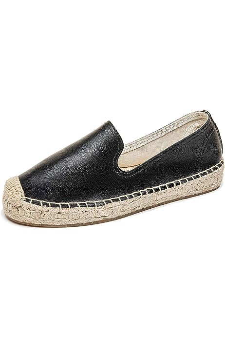 Women's Round-Toe Classic Flat Cap-Toe Slip ons Simple Espadrilles Leather Loafers