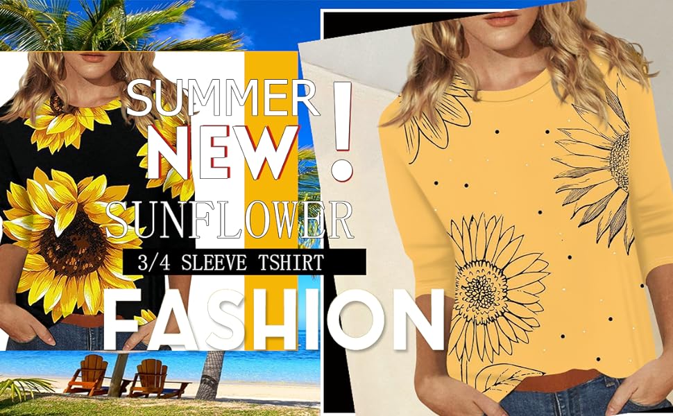 sunflower fashion 3/4 sleeve shirts dressy blouses trendy cute y2k going out graphic tee