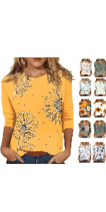 Summer Sunflower Shirts for Women Graphic Tee Yellow Shirt Boho Shirts 3/4 Sleeve Tops