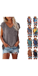 Summer Tank Tops Solid Color V Neck T Shirt Trendy Casual Dressy Blouses Boho Floral Printed Shirts