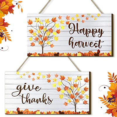 Geelin 2 Pcs Hello Fall Autumn Decor Wood Sign Thanksgiving Wooden Signs Autumn Leaves Wood Sign Thanksgiving Wooden Hanging Decor Harvest Decoration Sign for Outdoor Porch Home Party (Elegant Style)