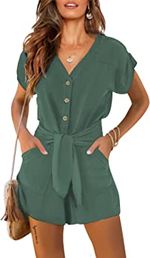 Byinns Women's Summer V Neck Casual Button Belted Rompers Short Sleeve Wrap Beach Short Jumpsuits with Pockets