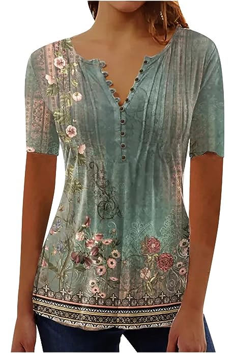 Womens Tunic Tops Trendy Vintage Boho Shirts Short Sleeve Notch v Neck t-Shirt 2023 Casual Summer Blouse Empire Waist