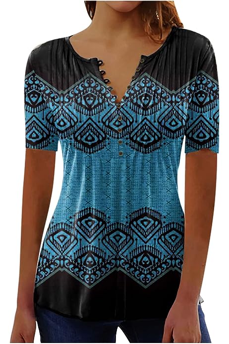 Ethnic Style Tunic Tops For Women 2023 Trendy Summer Short Sleeve Henley Shirts Pleated Flowy Blouse Dressy Casual