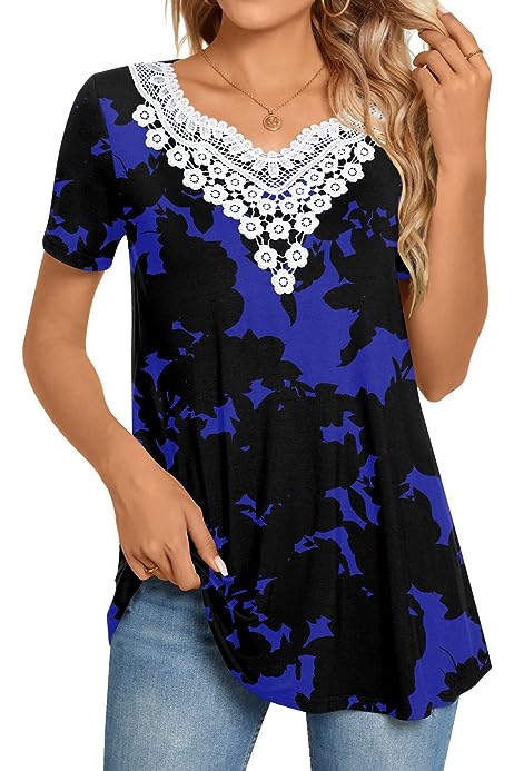 Women Summer Tunic Tops Short Sleeve T-Shirt V-Neck Crochet Lace Blouses Casual Pleated Pullover